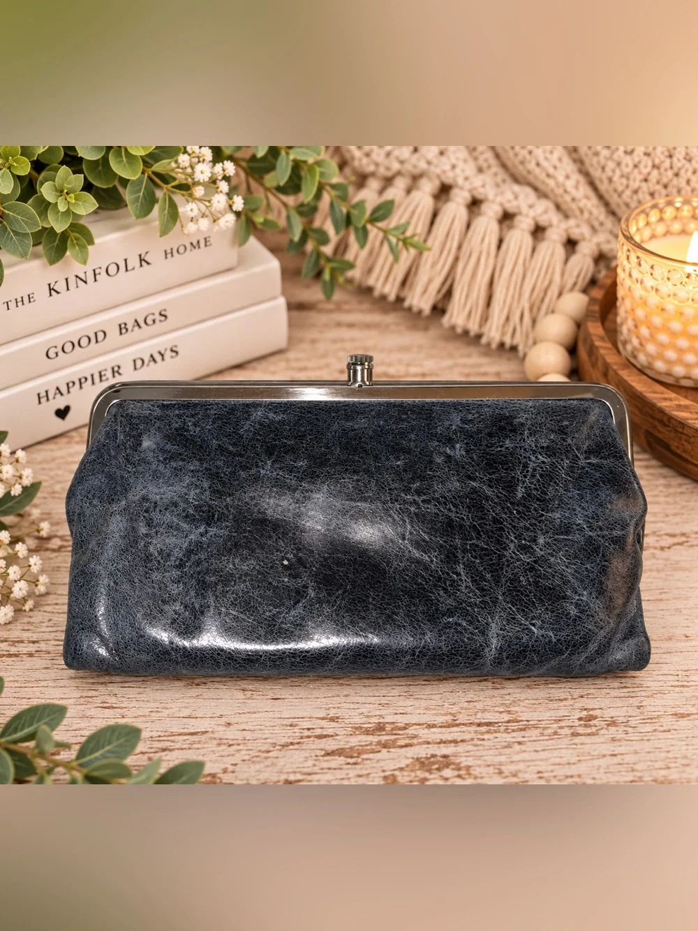 HOBO Lauren Black Distressed Leather Double-Frame Wallet Clutch